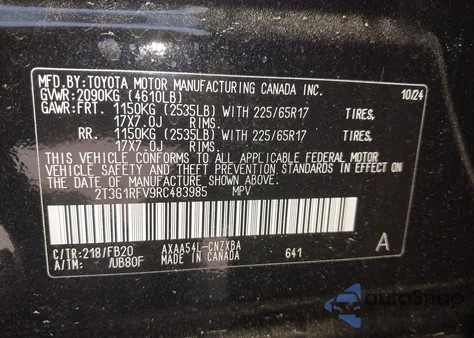 2024 Toyota Rav4 Le из США, поврежденный, VIN 2T3G1RFV9RC483985